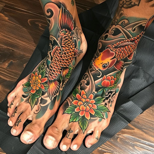 Foot tattoos in the style of Ami James with traditional koi fish