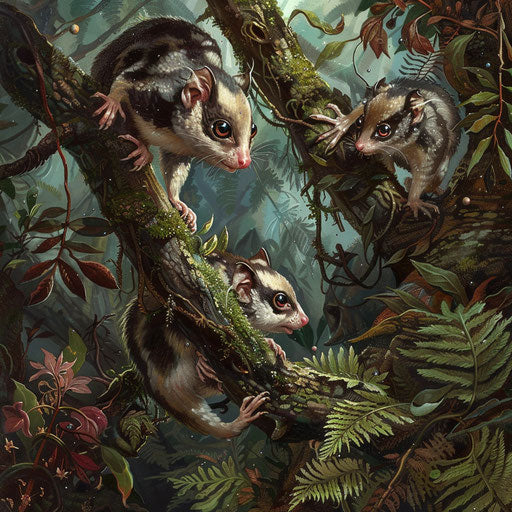 Two sugar gliders playing tag in the rainforest canopy