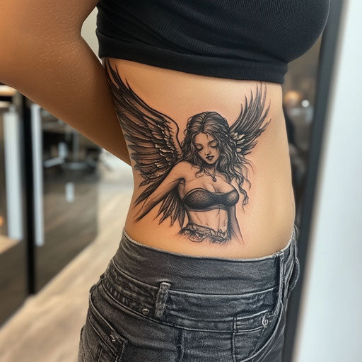 Side tattoos for women with a dark angel and outstretched wings