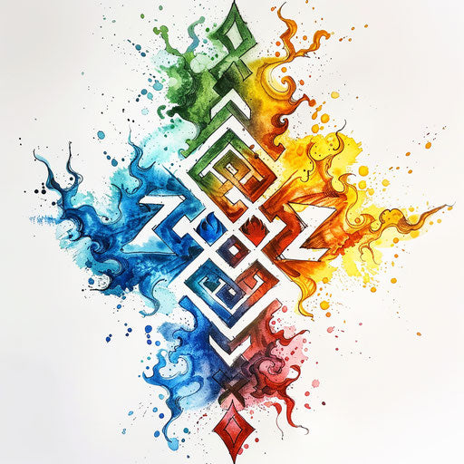 Tattoo of four elements in vibrant colors on white