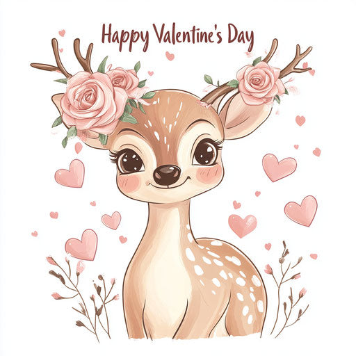 Adorable baby deer with pink roses, hearts, Happy Valentine's Day