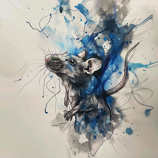 Artistic sketch of a rat with a smoky effect in shades of gray and bursts of blue