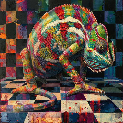 Chameleon on a chessboard changing colors