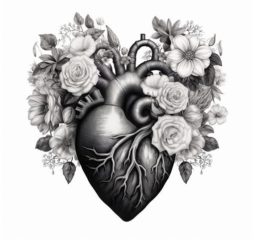 Floral heart in dotwork realism, monochrome palette