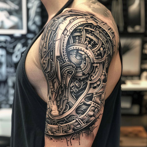 Abstract biomechanical shoulder tattoo with metallic patterns