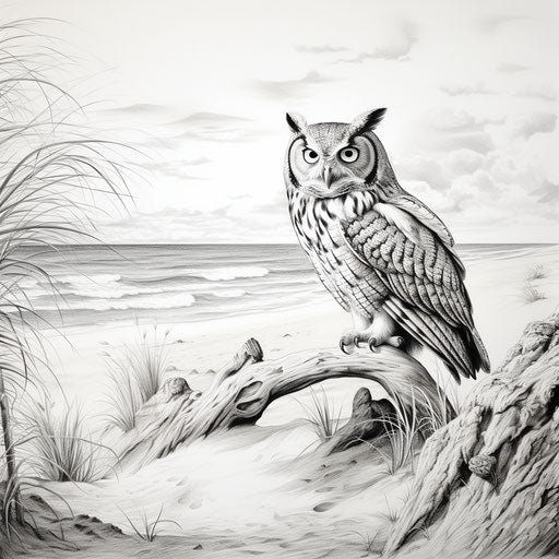 Ink drawing of owl on the beach, realistic style