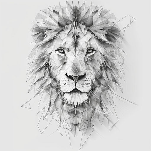 Vector illustration of lion in line drawing, geometric aesthetics style, exploration of identity, matte photo, glass fragments art, animals and people, light gray