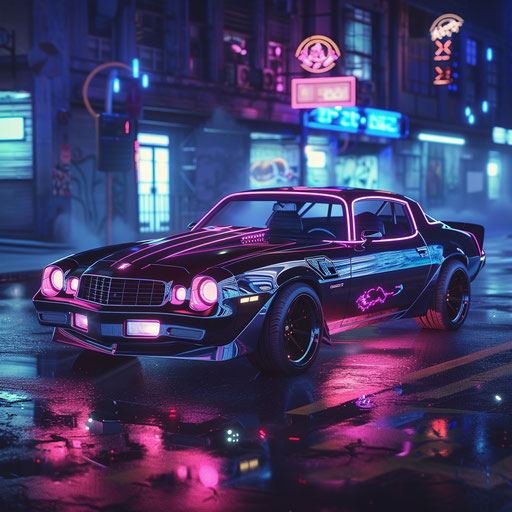 Cyberpunk-inspired Chevrolet Camaro Classic Car with neon underglow and digital displays