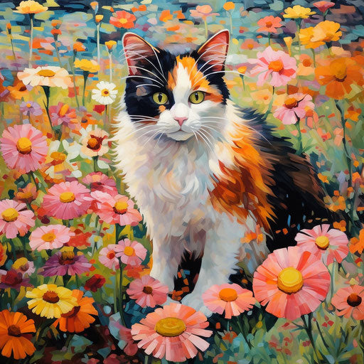 Calico cat in a field of flowers