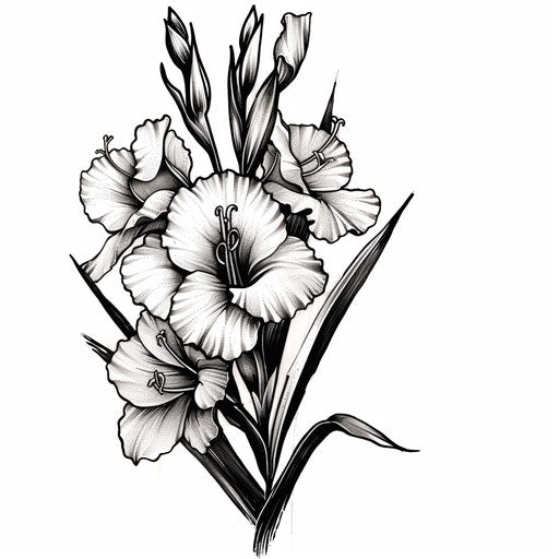 Rustic woodcut style gladiolus tattoo, bold black lines on textured white background
