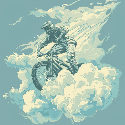 Biker ascending into clouds in flat tattoo style