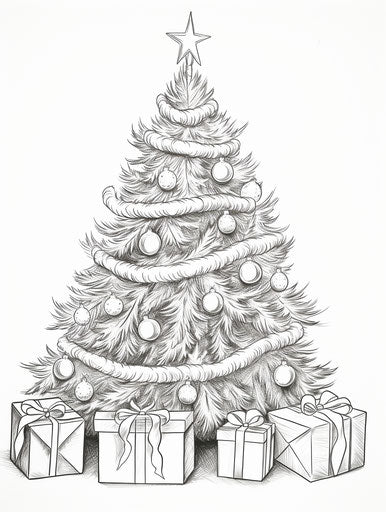 Christmas tree with gifts, black and white realism, sparse color