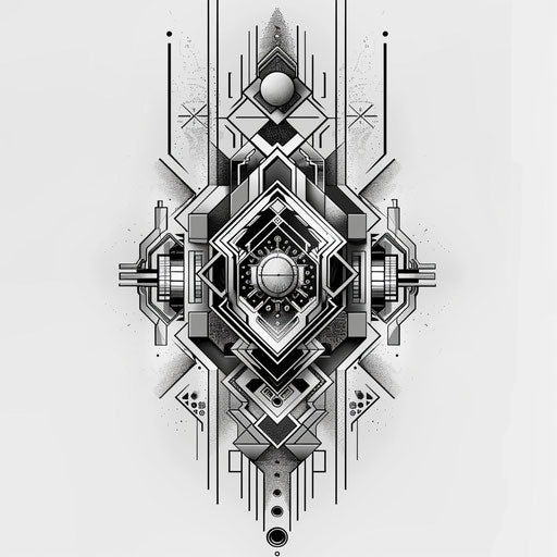 Futuristic flat tattoo sketch of digital chaos patterns in metallic silver