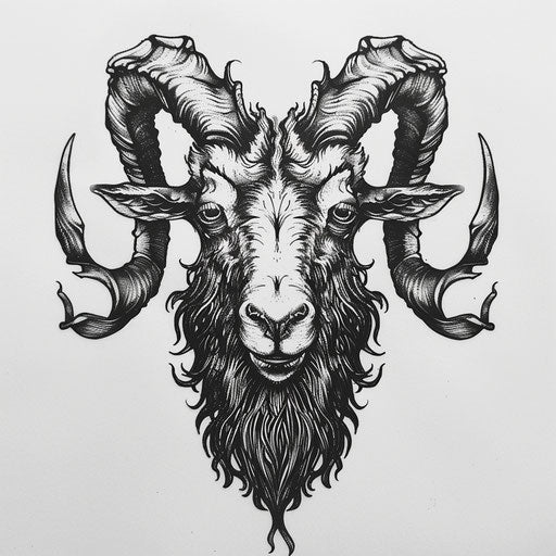 Detailed black ink goat tattoo design on plain white background