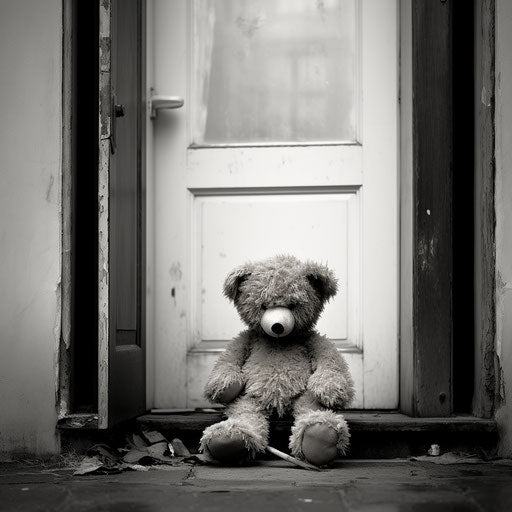 Teddy bear at the front door on a cold day
