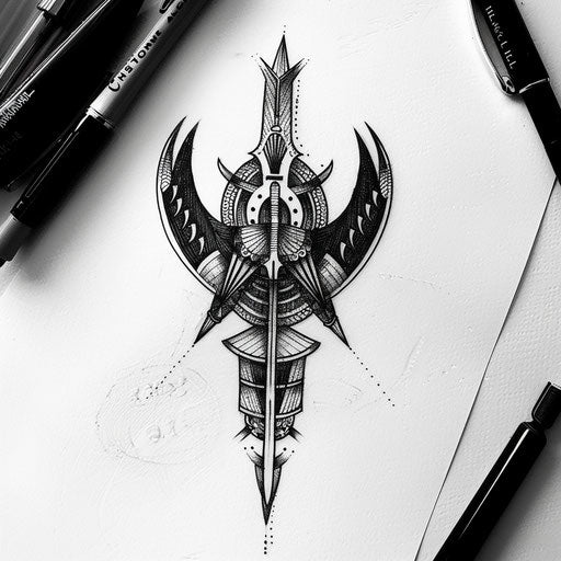 Graphic tattoo sketch of a Kalinga motif with sharp lines