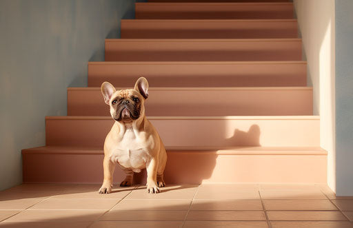 French bulldog in front of stairs, light maroon and light brown, light brown and dark blue style