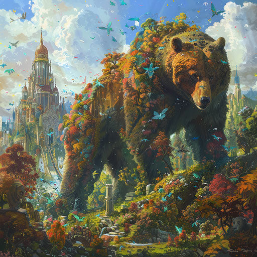 The dream of a grizzly bear, a fantastical world where bears rule kingdoms, illustrated in vivid colors.