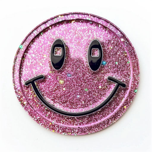 Holographic glitter sticker of pink smiley face, white background