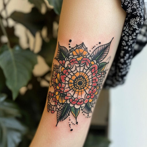 Spider web elbow tattoo with mandala designs, Maria Sibylla Merian style