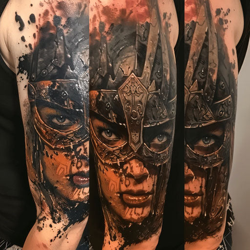 Warrior cover up tattoo in the style of Adrian Smith