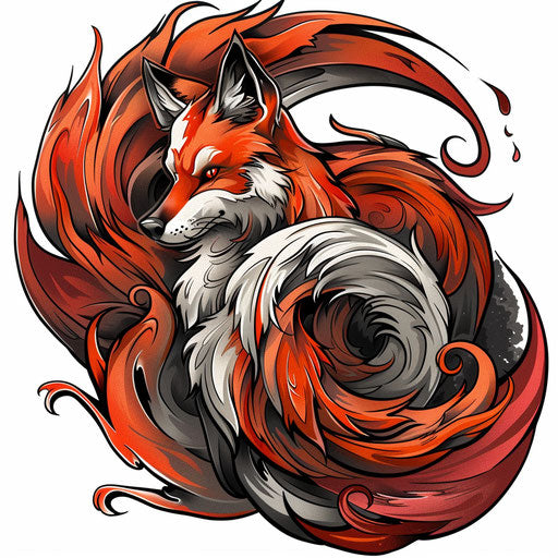 Sketch of kitsune fox tattoo in red and orange