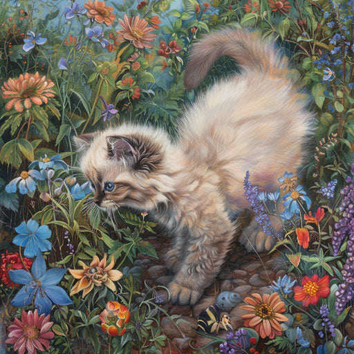 Himalayan kitten exploring a garden filled with flowers