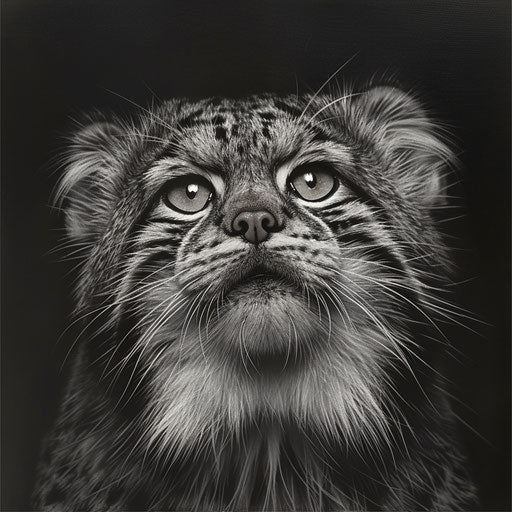 Wild and ancient portrait of a Pallas's cat in black and white