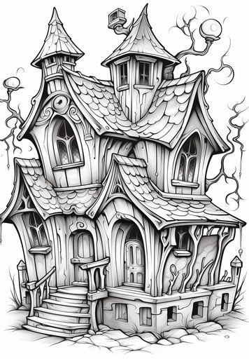 Halloween house coloring page with black and white image