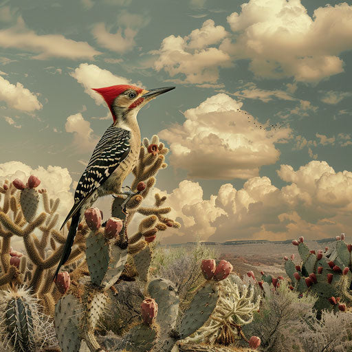 Vibrant woodpecker on cactus in desert landscape