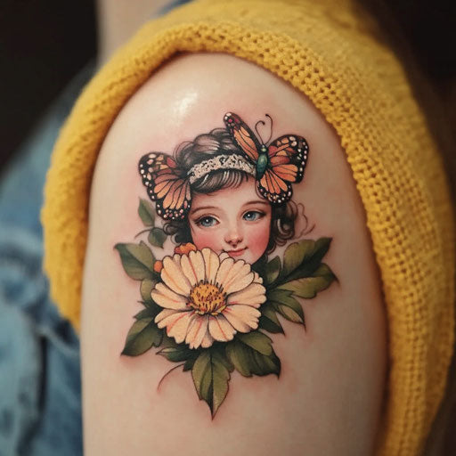 Daughter has tattoos with a butterfly resting on a flower on the shoulder
