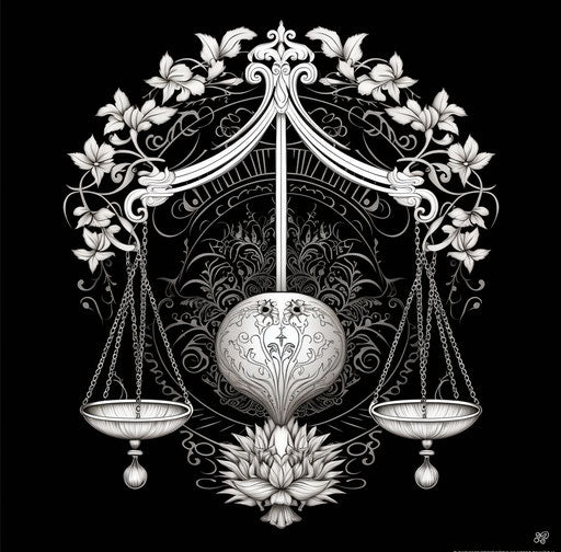 Illustration of a justice scale in ornamental abstraction
