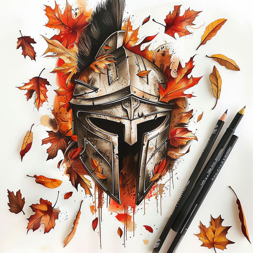 Spartan helmet with falling leaves and warm tones
