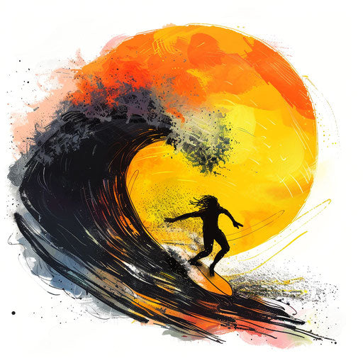 Vibrant flat tattoo sketch of a surfer catching a massive wave at sunset