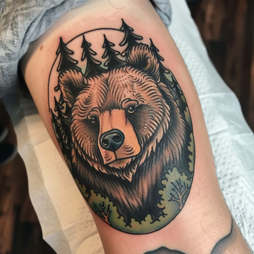Traditional bear tattoo with forest scene in background