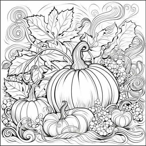 Pumpkin coloring page with leaves, explosive and chaotic style, graceful