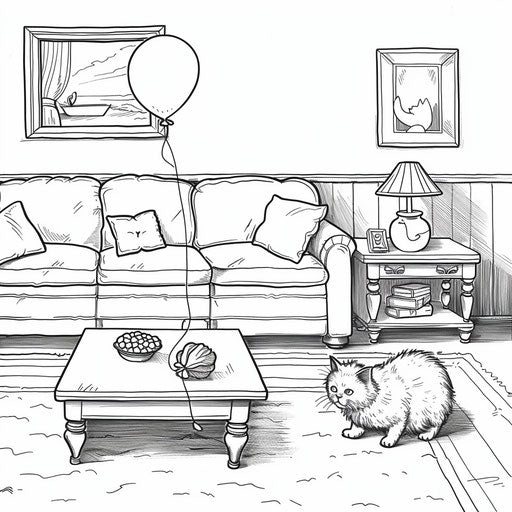 A playful cat with a balloon in a living room