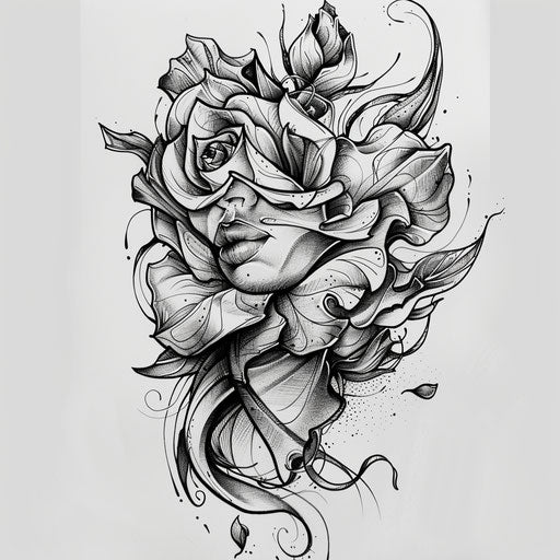 Flat tattoo sketch of a gypsy rose with petals unfolding in a dynamic, wind-swept arrangement
