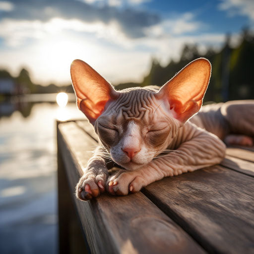 Devon rex cat lying on a dock