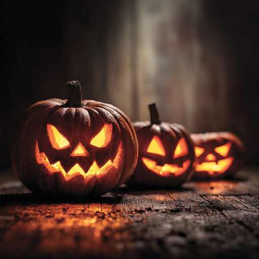 Glowing Halloween pumpkins on a dark wooden surface