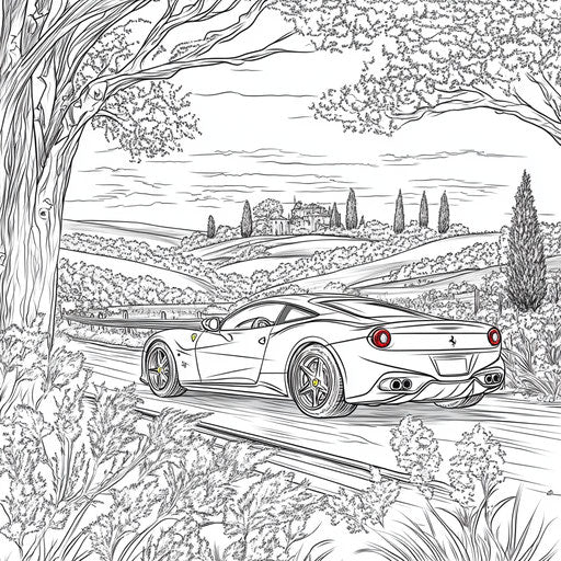 Ferrari in serene countryside, Gennady Spirin style, calm coloring