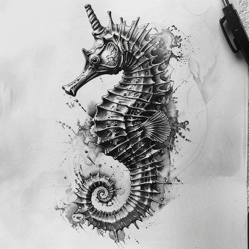 Hyper-realistic seahorse tattoo sketch in black and grey with detailed shading and texture
