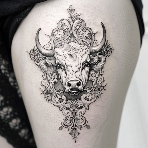 Ornate cow tattoo with baroque embellishments on white