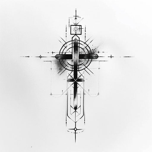 Cross with abstract lines in minimalist black and white tattoo