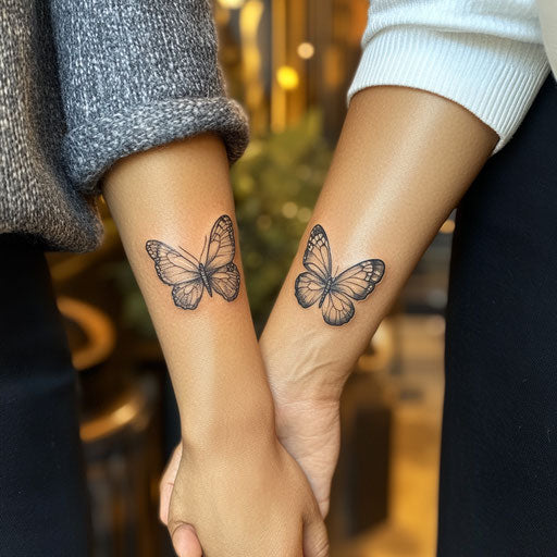 Small matching tattoos of delicate butterflies in the style of Maria Sibylla Merian