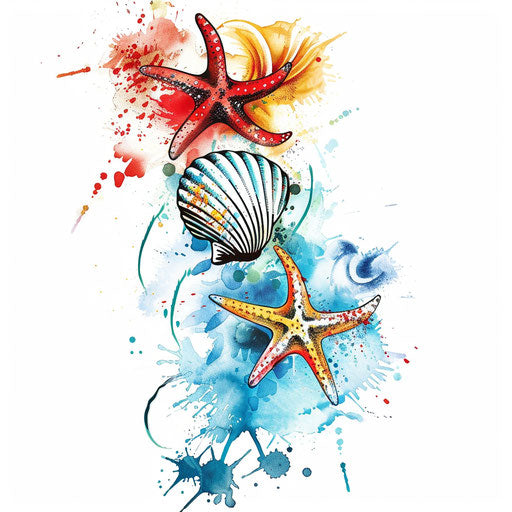 Watercolor seashell and starfish on white background