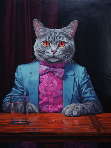 Grey cat on wooden dining table, fawncore 3:4