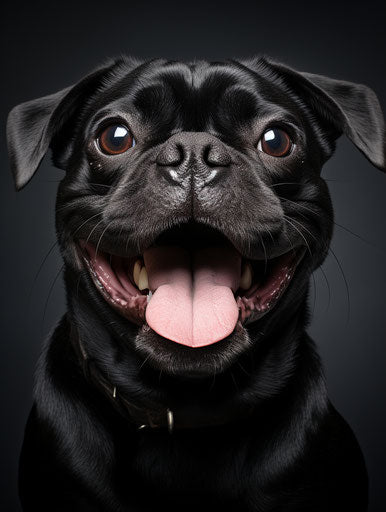 Black pug dog smiling at camera