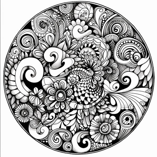 Circle with abstract patterns and swirls - Coloring book page