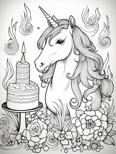 Unicorn birthday coloring pages, make a wish, in dark orange and magenta